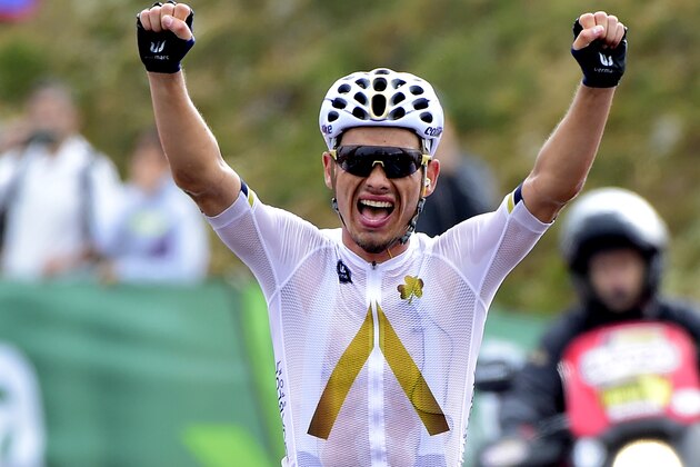 Aqua Blue's Austrian Stefan Denifl celebrates as he crosses the finish line of the 17th stage of the 72nd edition of 'La Vuelta' Tour of Spain cycling race, a 180.5 km route from Villadiego to Los Machucos in Arredondo, on September 6, 2017. / AFP PHOTO / JOSE JORDAN        (Photo credit should read JOSE JORDAN/AFP/Getty Images)