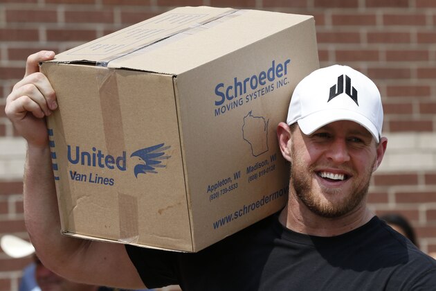 Sep 3, 2017; Houston, TX, USA;
Houston Texans defensive end J.J. Watt holds a box of relief supplies on his shoulder while handing them out to people impacted by Hurricane Harvey. Watt's Hurricane Harvey Relief Fund has raised more than $18 million to date to help those affected by the storm. Mandatory Credit: Brett Coomer-Houston Chronicle/Pool Photo via USA TODAY NETWORK Sep 3, 2017; Houston, TX, USA;
Houston Texans defensive end J.J. Watt holds a box of relief supplies on his shoulder while handing them out to people impacted by Hurricane Harvey. Watt's Hurricane Harvey Relief Fund has raised more than $18 million to date to help those affected by the storm. Mandatory Credit: Brett Coomer-Houston Chronicle/Pool Photo via USA TODAY NETWORK