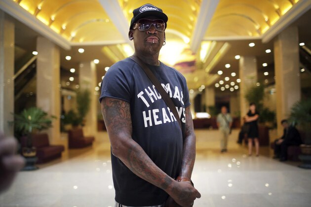 Former NBA basketball star Dennis Rodman leaves the Koryo hotel for Sunan International Airport on Saturday, June 17, 2017, in Pyongyang, North Korea. (AP Photo/Wong Maye-E)