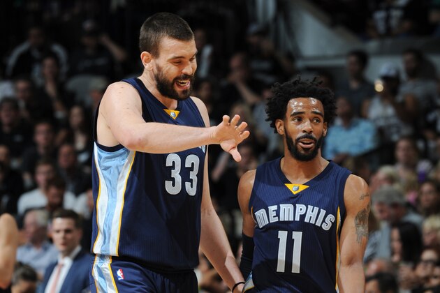 SAN ANTONIO, TX - APRIL 25:  Marc Gasol #33 and Mike Conley #11 of the Memphis Grizzlies talk during Game Five of the Western Conference Quarterfinals of the 2017 NBA Playoffs on April 25, 2017 at AT&T Center in San Antonio, Texas. NOTE TO USER: User expressly acknowledges and agrees that, by downloading and/or using this photograph, user is consenting to the terms and conditions of the Getty Images License Agreement. Mandatory Copyright Notice: Copyright 2017 NBAE (Photo by Mark Sobhani/NBAE via Getty Images)