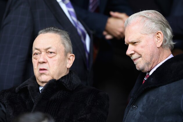 BURNLEY, ENGLAND - MAY 21:  West Ham United owners David Sullivan and David Gold look on prior to the Premier League match between Burnley and West Ham United at Turf Moor on May 21, 2017 in Burnley, England.  (Photo by Mark Robinson/Getty Images)