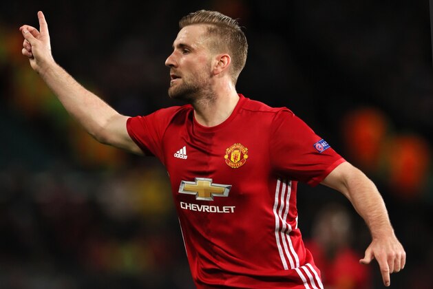 MANCHESTER, ENGLAND - APRIL 20:  Luke Shaw of Manchester United reacts during the UEFA Europa League quarter final second leg match between Manchester United and RSC Anderlecht at Old Trafford on March 20, 2017 in Manchester, United Kingdom.  (Photo by Matthew Ashton - AMA/Getty Images)