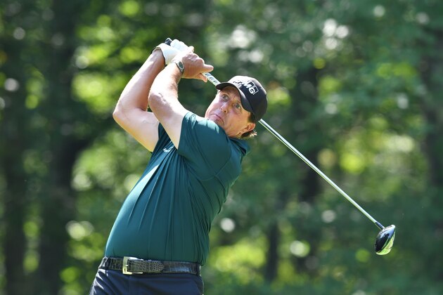 Sep 4, 2017; Norton, MA, USA; Phil Mickelson hits his drive on the 2nd hole during the final round of the Dell Technologies Championship golf tournament at TPC of Boston. Mandatory Credit: Mark Konezny-USA TODAY Sports