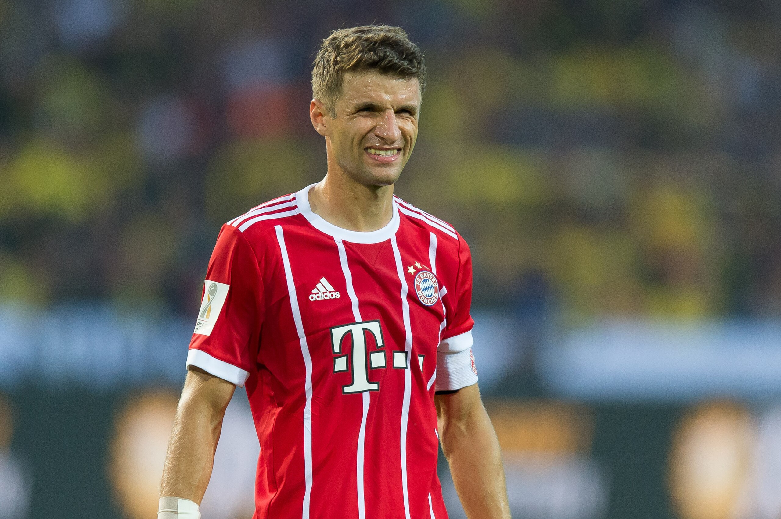 DORTMUND, GERMANY - AUGUST 05: Thomas Mueller of Bayern Muenchen looks on during the DFL Supercup 2017 match between Borussia Dortmund and Bayern Muenchen at Signal Iduna Park on August 5, 2017 in Dortmund, Germany. (Photo by TF-Images/TF-Images via Getty Images)