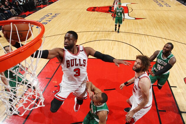 CHICAGO, IL - APRIL 28:  Dwyane Wade #3 of the Chicago Bulls shoots the ball against the Boston Celtics in Game Six of the Eastern Conference Quartefinals of the 2017 NBA Playoffs on April 28, 2017 at the United Center in Chicago, Illinois. NOTE TO USER: User expressly acknowledges and agrees that, by downloading and or using this Photograph, user is consenting to the terms and conditions of the Getty Images License Agreement. Mandatory Copyright Notice: Copyright 2017 NBAE (Photo by Gary Dineen/NBAE via Getty Images)
