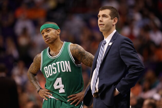 PHOENIX, AZ - MARCH 05:  Isaiah Thomas #4 of the Boston Celtics talks with head coach Brad Stevens during the second half of the NBA game against the Phoenix Suns at Talking Stick Resort Arena on March 5, 2017 in Phoenix, Arizona. The Suns defeated the Celtics 109-106. NOTE TO USER: User expressly acknowledges and agrees that, by downloading and or using this photograph, User is consenting to the terms and conditions of the Getty Images License Agreement.  (Photo by Christian Petersen/Getty Images)