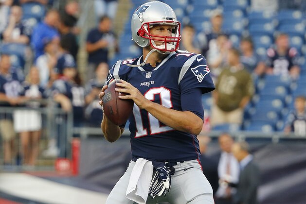 New England Patriots quarterback Tom Brady before an NFL preseason football game against the New York Giants, Thursday, Aug. 31, 2017, in Foxborough, Mass. (AP Photo/Winslow Townson)