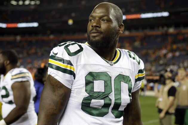 Green Bay Packers tight end Martellus Bennett (80) smiles after an NFL preseason football game against the Denver Broncos, Saturday, Aug. 26, 2017, in Denver. The Broncos won 20-17. (AP Photo/Jack Dempsey)