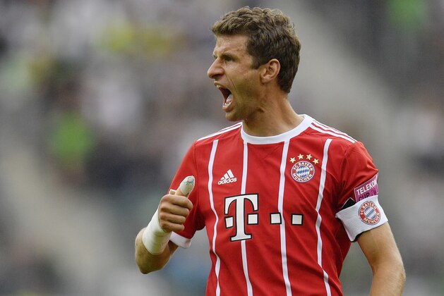 Bayern's Thomas Mueller celebrates his oepning goal during the Telekom Cup soccer final between Bayern Munich and Werder Bremen at the Borussia Park in Moenchengladbach, Saturday, July 15, 2017. (AP Photo/Martin Meissner)