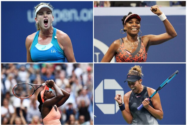 This combination made on September 6, 2017 of four photos shows clockwise from upper left US tennis players  CoCo Vandeweghe, Venus Williams, Madison Keys and Sloane Stephens celebrate after winning their 2017 US Open Women's Quarterfinal matches in New York. 
US 15th seed Madison Keys defeated Estonian qualifier Kaia Kanepi 6-3, 6-3 on Wednesday to complete the lineup for the US Open's first all-American women's semi-finals since 1981.
In Thursday's semi-final matches, Keys will face 20th seed CoCo Vandeweghe, whom she is 2-0 against in WTA matches, while Sloane Stephens faces seven-time Grand Slam champion and two-time US Open winner Venus Williams.
 / AFP PHOTO / Jewel SAMAD AND Don EMMERT        (Photo credit should read JEWEL SAMAD,DON EMMERT/AFP/Getty Images)