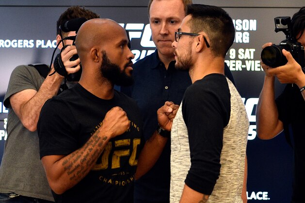 EDMONTON, AB - SEPTEMBER 06:  (L-R) UFC flyweight champion Demetrious Johnson and Ray Borg face off for the media during the UFC 215 Ultimate Media Day at Rogers Place on September 6, 2017 in Edmonton, Alberta, Canada. (Photo by Jeff Bottari/Zuffa LLC/Zuffa LLC via Getty Images)