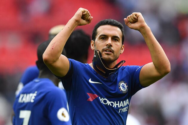 Chelsea's Spanish midfielder Pedro celebrates victory during the English Premier League football match between Tottenham Hotspur and Chelsea at Wembley Stadium in London, on August 20, 2017. / AFP PHOTO / Ben STANSALL / RESTRICTED TO EDITORIAL USE. No use with unauthorized audio, video, data, fixture lists, club/league logos or 'live' services. Online in-match use limited to 75 images, no video emulation. No use in betting, games or single club/league/player publications.  /         (Photo credit should read BEN STANSALL/AFP/Getty Images)