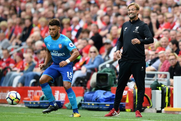 LIVERPOOL, ENGLAND - AUGUST 27: Jurgen Klopp, Manager of Liverpool reacts as Alex Oxlade-Chamberlain of Arsenal controls the ball during the Premier League match between Liverpool and Arsenal at Anfield on August 27, 2017 in Liverpool, England.  (Photo by Michael Regan/Getty Images)