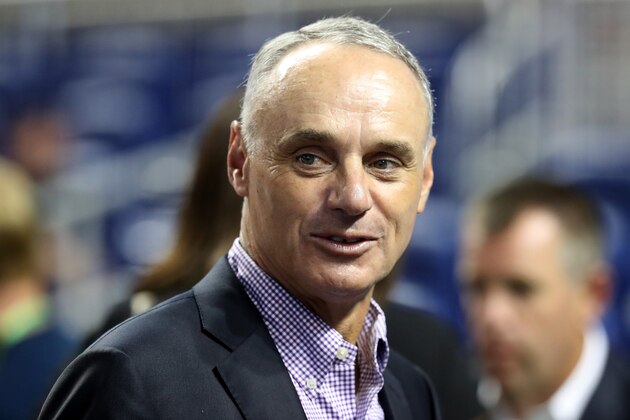 MIAMI, FL - JULY 10:  MLB Commissioner Rob Manfred looks on during Gatorade All-Star Workout Day ahead of the 88th MLB All-Star Game at Marlins Park on July 10, 2017 in Miami, Florida.  (Photo by Rob Carr/Getty Images)