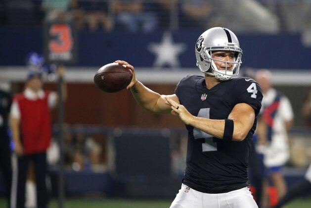 Oakland Raiders quarterback Derek Carr (4) throws a pass during a preseason NFL football game agains the Dallas Cowboys on Saturday, Aug. 26, 2017, in Arlington, Texas. (AP Photo/Ron Jenkins)