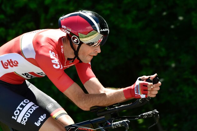 Belgium's Sander Armee rides during a 23,5 km individual time-trial, the fourth stage of the 69th edition of the Criterium du Dauphine cycling race on June 7, 2017 between La Tour-du-Pin and Bourgoin-Jallieu. / AFP PHOTO / PHILIPPE LOPEZ        (Photo credit should read PHILIPPE LOPEZ/AFP/Getty Images)