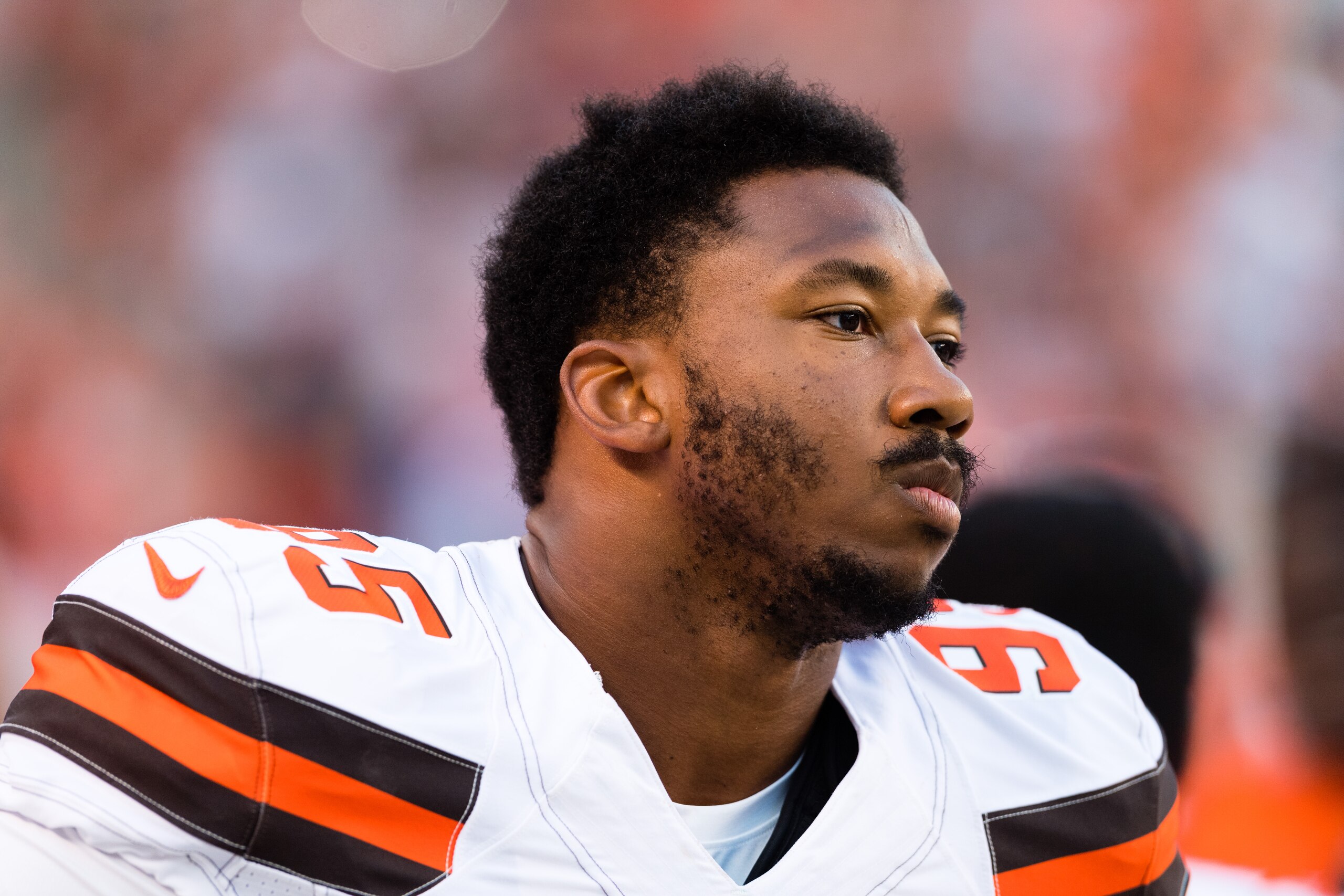 CLEVELAND, OH - AUGUST 10: Defensive end Myles Garrett #95 of the Cleveland Browns prior to a preseason game against the New Orleans Saints at FirstEnergy Stadium on August 10, 2017 in Cleveland, Ohio. (Photo by Jason Miller/Getty Images)