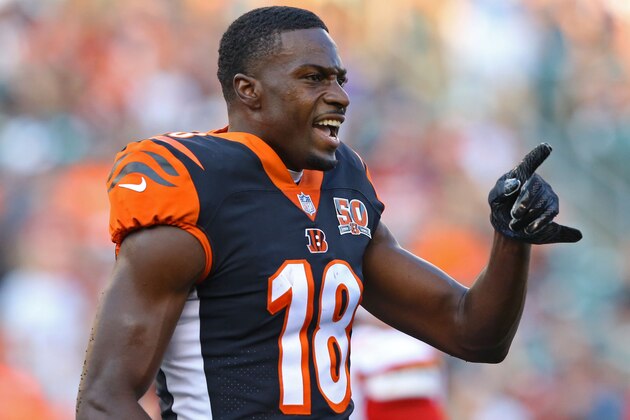 Aug 19, 2017; Cincinnati, OH, USA; Cincinnati Bengals wide receiver A.J. Green (18) reacts against the Kansas City Chiefs in the first half at Paul Brown Stadium. Mandatory Credit: Aaron Doster-USA TODAY Sports Aug 19, 2017; Cincinnati, OH, USA; Cincinnati Bengals wide receiver A.J. Green (18) reacts against the Kansas City Chiefs in the first half at Paul Brown Stadium. Mandatory Credit: Aaron Doster-USA TODAY Sports