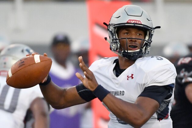 LAS VEGAS, NV - SEPTEMBER 02:  Quarterback Caylin Newton #3 of the Howard Bison throws against the UNLV Rebels during their game at Sam Boyd Stadium on September 2, 2017 in Las Vegas, Nevada. Howard won 43-40.  (Photo by Ethan Miller/Getty Images)