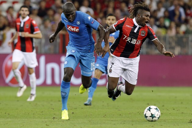 Nice's Allan Saint-Maximin, right, and Napoli's Kalidou Koulibaly vie for the ball during a Champions League playoff round, second leg soccer match between Nice and Napoli in Nice, France, Tuesday, Aug. 22, 2017. (AP Photo/Claude Paris)