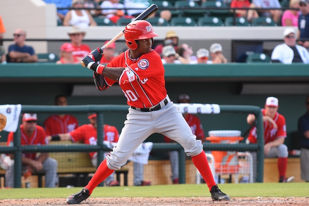LAKELAND, FL - MARCH 01:  Victor Robles #90 of the Washington Nationals bats during the Spring Training game against the Detroit Tigers at Publix Field at Joker Marchant Stadium on March 1, 2017 in Lakeland, Florida. The Nationals defeated the Tigers 9-1.  (Photo by Mark Cunningham/MLB Photos via Getty Images)