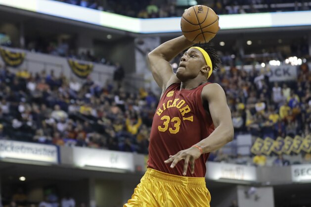 Indiana Pacers' Myles Turner dunks during the second half of an NBA basketball game against the Memphis Grizzlies, Friday, Feb. 24, 2017, in Indianapolis. Indiana defeated Memphis 102-92. (AP Photo/Darron Cummings)