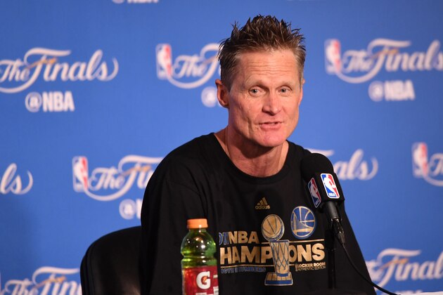 OAKLAND, CA - JUNE 12:  Steve Kerr of the Golden State Warriors speaks at the press conference after his teams 129-120 victory over the Cleveland Cavaliers in Game 5 to win the 2017 NBA Finals at ORACLE Arena on June 12, 2017 in Oakland, California. NOTE TO USER: User expressly acknowledges and agrees that, by downloading and or using this photograph, User is consenting to the terms and conditions of the Getty Images License Agreement.  (Photo by Thearon W. Henderson/Getty Images)