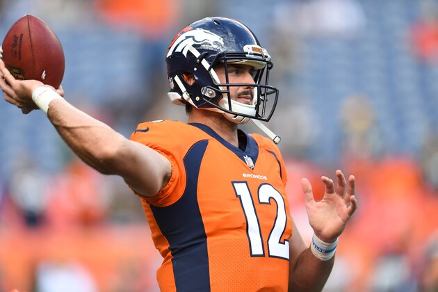 Aug 26, 2017; Denver, CO, USA; Denver Broncos quarterback Paxton Lynch (12) before the preseason game against the Green Bay Packers at Sports Authority Field. Mandatory Credit: Ron Chenoy-USA TODAY Sports Aug 26, 2017; Denver, CO, USA; Denver Broncos quarterback Paxton Lynch (12) before the preseason game against the Green Bay Packers at Sports Authority Field. Mandatory Credit: Ron Chenoy-USA TODAY Sports