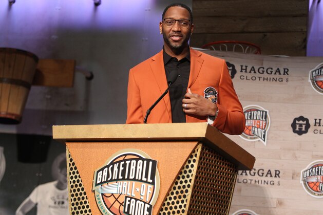 SPRINGFIELD, MA - SEPTEMBER 7: Inductee Tracy McGrady speaks during the Class of 2017 Press Event as part of the 2017 Basketball Hall of Fame Enshrinement Ceremony on September 7, 2017 at the Naismith Memorial Basketball Hall of Fame in Springfield, Massachusetts. NOTE TO USER: User expressly acknowledges and agrees that, by downloading and/or using this photograph, user is consenting to the terms and conditions of the Getty Images License Agreement.  Mandatory Copyright Notice: Copyright 2017 NBAE (Photo by Nathaniel S. Butler/NBAE via Getty Images)
