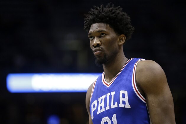 Philadelphia 76ers' Joel Embiid during an NBA basketball game against the Milwaukee Bucks Monday, Jan. 16, 2017, in Milwaukee. (AP Photo/Aaron Gash)