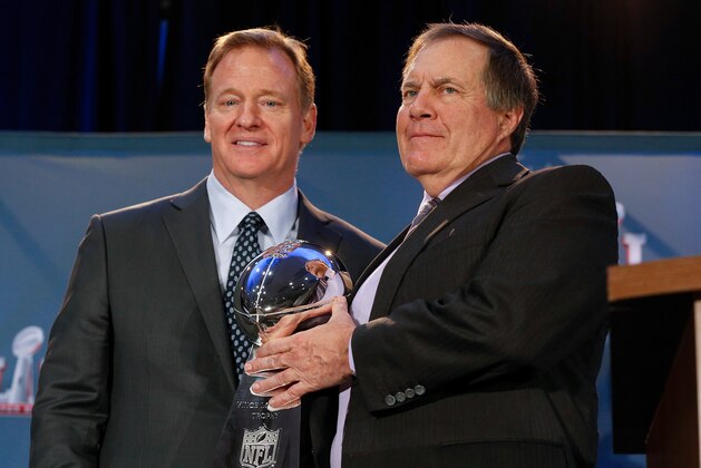 HOUSTON, TX - FEBRUARY 06:  NFL Commissioner Roger Goodell, left, and head coach Bill Belichick of the New England Patriots with the Vince Lombardi Championship Trophy at the Super Bowl Winner and MVP press conference on February 6, 2017 in Houston, Texas.  (Photo by Bob Levey/Getty Images)