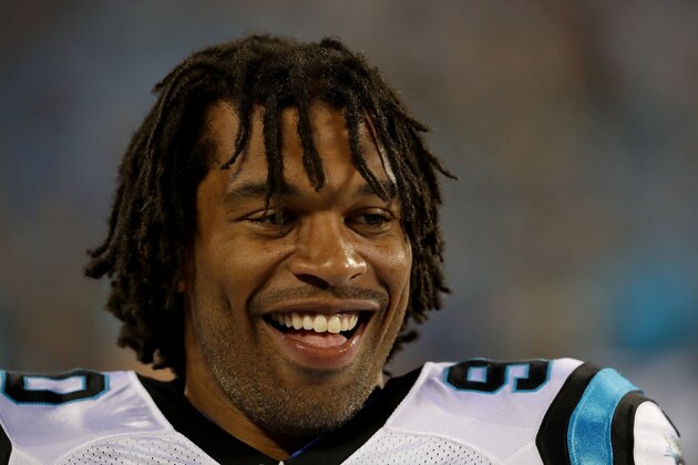 CHARLOTTE, NC - AUGUST 31:  Julius Peppers #90 of the Carolina Panthers watches on against the Pittsburgh Steelers during their game at Bank of America Stadium on August 31, 2017 in Charlotte, North Carolina.  (Photo by Streeter Lecka/Getty Images)