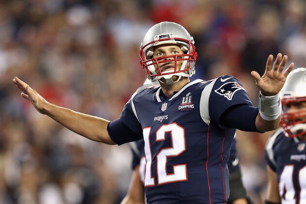 FOXBORO, MA - SEPTEMBER 07:  Tom Brady #12 of the New England Patriots gestures during the first quarter against the Kansas City Chiefs at Gillette Stadium on September 7, 2017 in Foxboro, Massachusetts.  (Photo by Maddie Meyer/Getty Images)