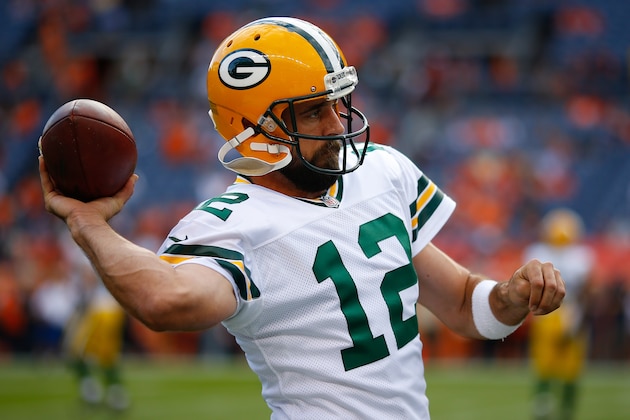 DENVER, CO - AUGUST 26:  Quarterback Aaron Rodgers #12 of the Green Bay Packers warms up before a Preseason game against the Denver Broncos at Sports Authority Field at Mile High on August 26, 2017 in Denver, Colorado. (Photo by Justin Edmonds/Getty Images)