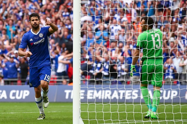 LONDON, ENGLAND - MAY 27:  Diego Costa of Chelsea celebrates after scoring a goal to make it 1-1 during the Emirates FA Cup Final match between Arsenal and Chelsea at Wembley Stadium on May 27, 2017 in London, England. (Photo by Robbie Jay Barratt - AMA/Getty Images)