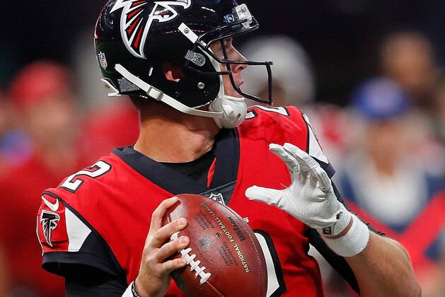 ATLANTA, GA - AUGUST 26:  Matt Ryan #2 of the Atlanta Falcons looks to pass against the Arizona Cardinals at Mercedes-Benz Stadium on August 26, 2017 in Atlanta, Georgia.  (Photo by Kevin C. Cox/Getty Images)