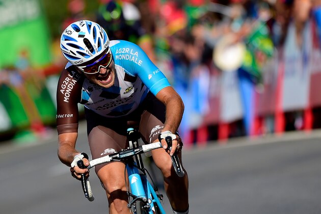 AGR2R La Mondiale's French cyclist Alexis Gougeard crosses the finish line of the 18th stage of the 72nd edition of 'La Vuelta' Tour of Spain cycling race, a 169 km route from Suances to Santo Toribio de Liebana, near Potes, on September 7, 2017. / AFP PHOTO / JOSE JORDAN        (Photo credit should read JOSE JORDAN/AFP/Getty Images)