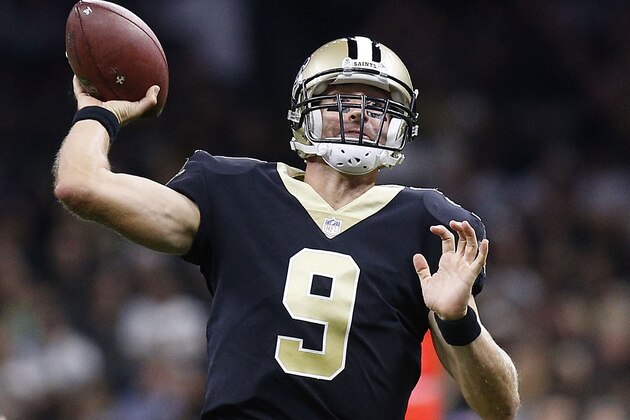NEW ORLEANS, LA - AUGUST 26:  Drew Brees #9 of the New Orleans Saints throws the ball during the first half of a preseason game against the Houston Texans at the Mercedes-Benz Superdome on August 26, 2017 in New Orleans, Louisiana.  (Photo by Jonathan Bachman/Getty Images)