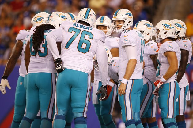 EAST RUTHERFORD, NJ - AUGUST 12: Quarterback Ryan Tannehill #17 of the Miami Dolphins talks to his offense in a huddle during the first half against the New York Giants in an NFL preseason game at MetLife Stadium on August 12, 2016 in East Rutherford, New Jersey. The Dolphins defeated the Giants 27-10. (Photo by Rich Schultz/Getty Images)