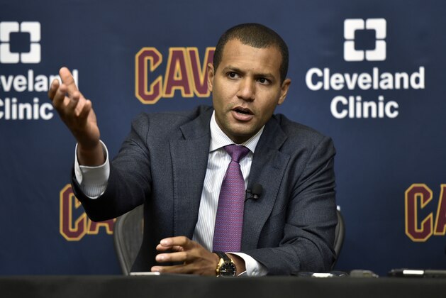 INDEPENDENCE, OH - JULY 26:   Cleveland Cavaliers owner Dan Gilbert introduces new general manager Koby Altman during a press conference at The Cleveland Clinic Courts on July 26, 2016 in Independence, Ohio. NOTE TO USER: User expressly acknowledges and agrees that, by downloading and/or using this Photograph, user is consenting to the terms and conditions of the Getty Images License Agreement. Mandatory Copyright Notice: Copyright 2017 NBAE (Photo by David Liam Kyle/NBAE via Getty Images)