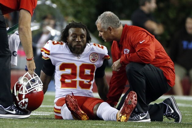 Kansas City Chiefs safety Eric Berry receives attention on the field after an injury during the second half of an NFL football game against the New England Patriots, Thursday, Sept. 7, 2017, in Foxborough, Mass. (AP Photo/Michael Dwyer)