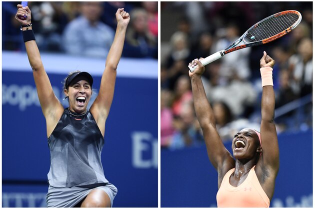 This combination of two photos taken on September 7, 2017 show US tennis players Madison Keys (L) and Sloane Stephens (R) celebrating after winning their 2017 US Open Women's Singles Semifinals matches at the USTA Billie Jean King National Tennis Center in New York.  
Americans Sloane Stephens and Madison Keys, both struggling with serious injuries just three months ago, advanced to their first Grand Slam final at the US Open on Thursday. / AFP PHOTO / Jewel SAMAD        (Photo credit should read JEWEL SAMAD/AFP/Getty Images)