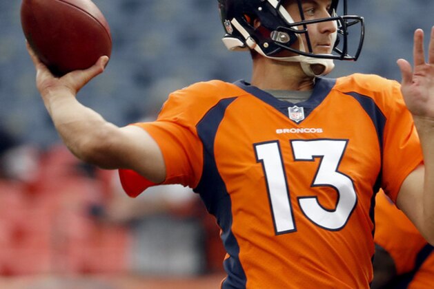 Denver Broncos quarterback Trevor Siemian (13) warms up prior to an NFL preseason football game against the Arizona Cardinals, Thursday, Aug. 31, 2017, in Denver. (AP Photo/Jack Dempsey)