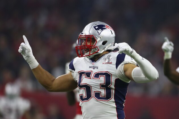 HOUSTON, TX - FEBRUARY 05: Kyle Van Noy #53 of the New England Patriots celebrates after the Patriots defeat the Atlanta Falcons 34-28 in Super Bowl 51 at NRG Stadium on February 5, 2017 in Houston, Texas.  (Photo by Al Bello/Getty Images)
