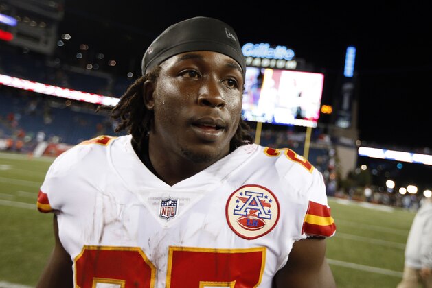 Kansas City Chiefs running back Kareem Hunt leaves the field after an NFL football game against the New England Patriots, Friday, Sept. 8, 2017, in Foxborough, Mass. (AP Photo/Michael Dwyer)
