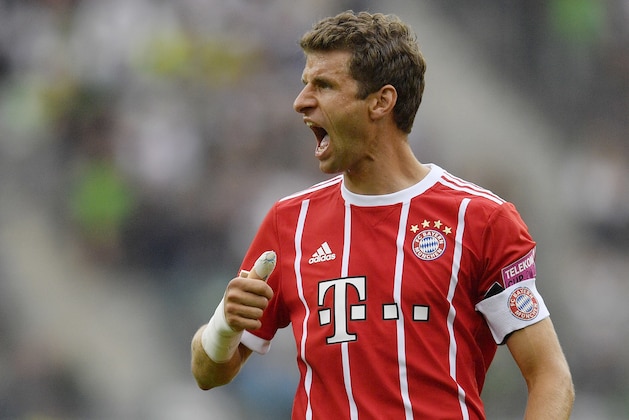 Bayern's Thomas Mueller celebrates his oepning goal during the Telekom Cup soccer final between Bayern Munich and Werder Bremen at the Borussia Park in Moenchengladbach, Saturday, July 15, 2017. (AP Photo/Martin Meissner)