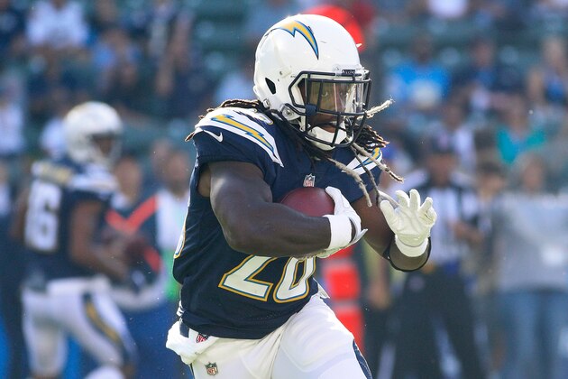 CARSON, CA - AUGUST 20:  Melvin Gordon #28 of the Los Angeles Chargers runs the ball down field during the game between the Los Angeles Chargers and the New Orleans Saints at the StubHub Center on August 20, 2017 in Carson, California.  (Photo by Josh Lefkowitz/Getty Images)