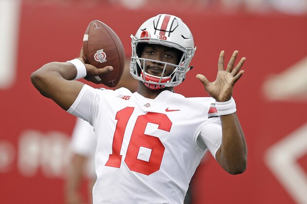 Ohio State quarterback J.T. Barrett throws during warmups for an NCAA college football game against Indiana, Thursday, Aug. 31, 2017, in Bloomington, Ind. (AP Photo/Darron Cummings)