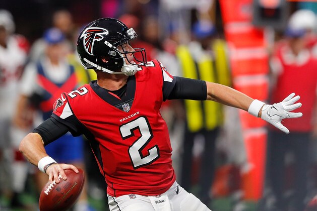 ATLANTA, GA - AUGUST 26:  Matt Ryan #2 of the Atlanta Falcons looks to pass against the Arizona Cardinals at Mercedes-Benz Stadium on August 26, 2017 in Atlanta, Georgia.  (Photo by Kevin C. Cox/Getty Images)
