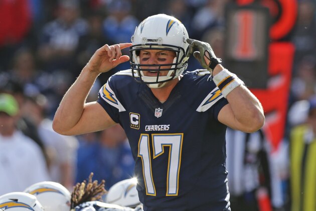SAN DIEGO, CA - JANUARY 01: Philip Rivers #17 of the San Diego Chargers calling plays at the line against  the Kansas City Chiefs during a NFL game at Qualcomm Stadium on January 1, 2017 in San Diego, California.  (Photo by Leon Bennett/Getty Images)